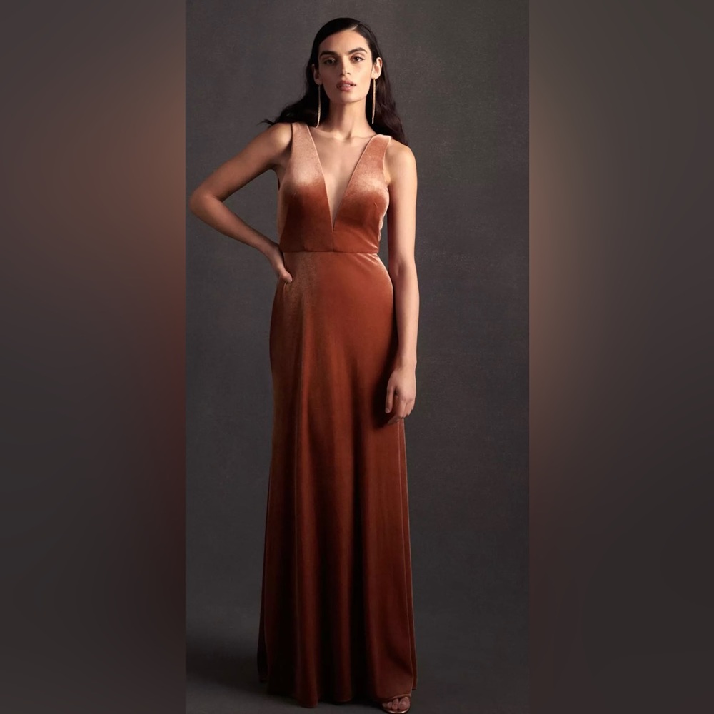Jenny Yoo Deep V velvet Column Gown, English Rose